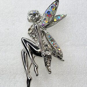 Silver Crystal Angel Brooch Pin